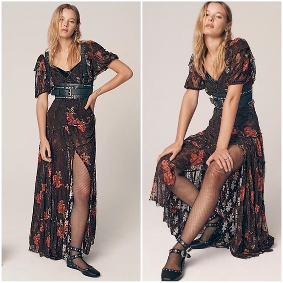 NWT FREE PEOPLE Brown Red Floral Lace Button Front Flutter Sleeve Maxi Dress XS - Picture 1 of 14